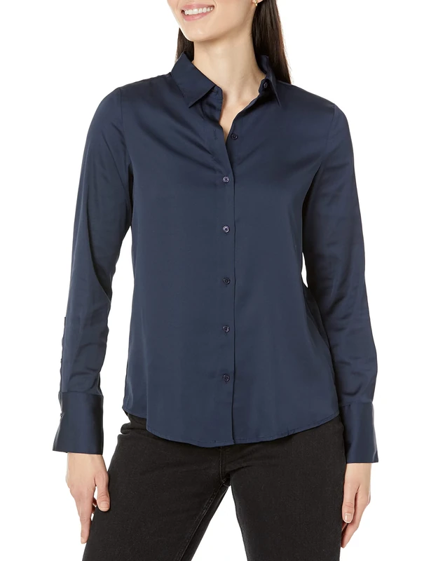 Amazon Essentials Women's Classic-Fit Satin Button Down Blouse (Available in Plus Size), Navy, X-Small