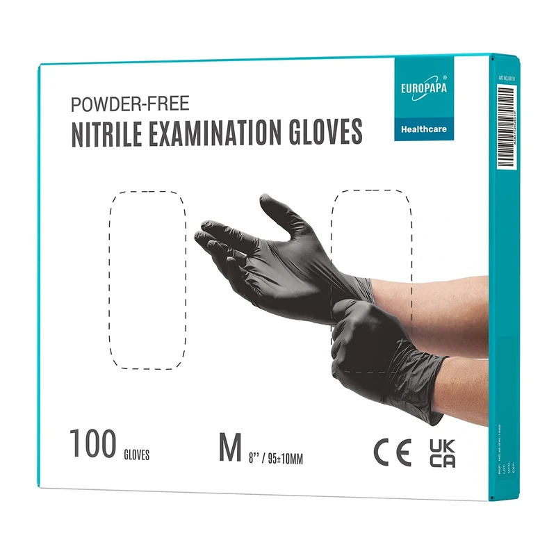 Europapa® Nitrile Disposable Examination Gloves - Powder-free, Latex-free (100x, M, Black)