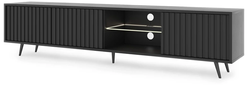 SELSEY Bello Wooden TV Cabinet with Slatted MDF Fronts 175 x 43 x 31 cm, Black TV Unit with Glass Shelf & LED Lighting, For TVs up to 75", Sleek TV Stand with Hidden Storage & Open Shelves