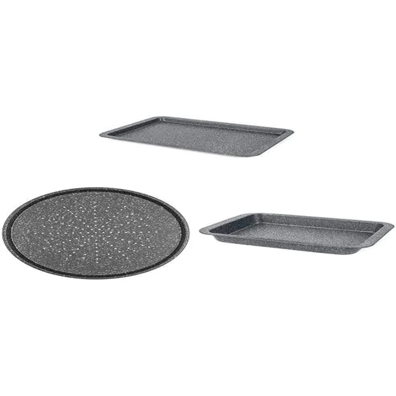 Salter Megastone Oven Pan Set, 3-Piece, Roasting Pan, Pizza Pan, Baking Tray, Strong & Durable Carbon Steel, Non-Stick & Easy-Clean, Oven Safe up to 220°C, Black/Silver