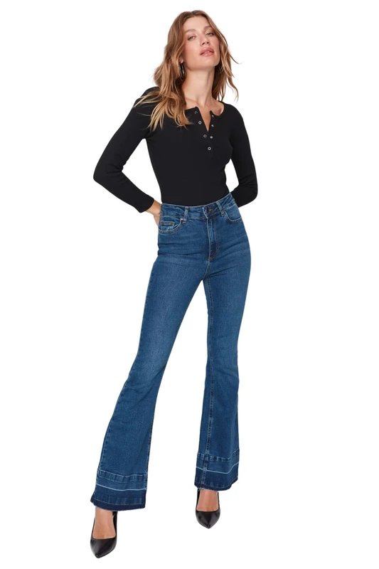 Trendyol Women's High Waist Leg Flare Jeans, Navy Blue, 36