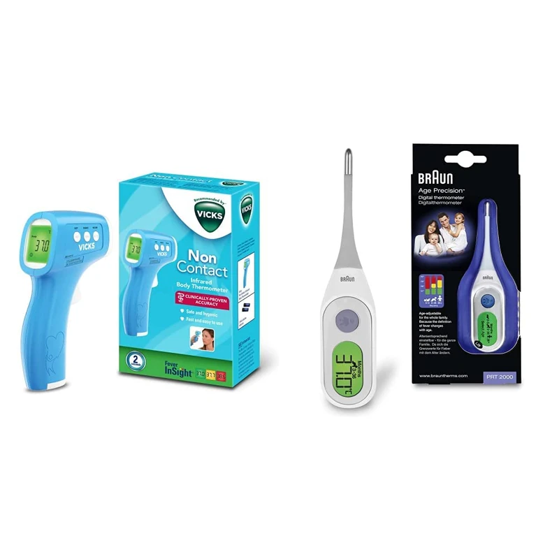 Vicks Non Contact Infrared Body Thermometer HTD8813EE, 450 g & Braun Digital StickThermometer with Age Precision, PRT2000