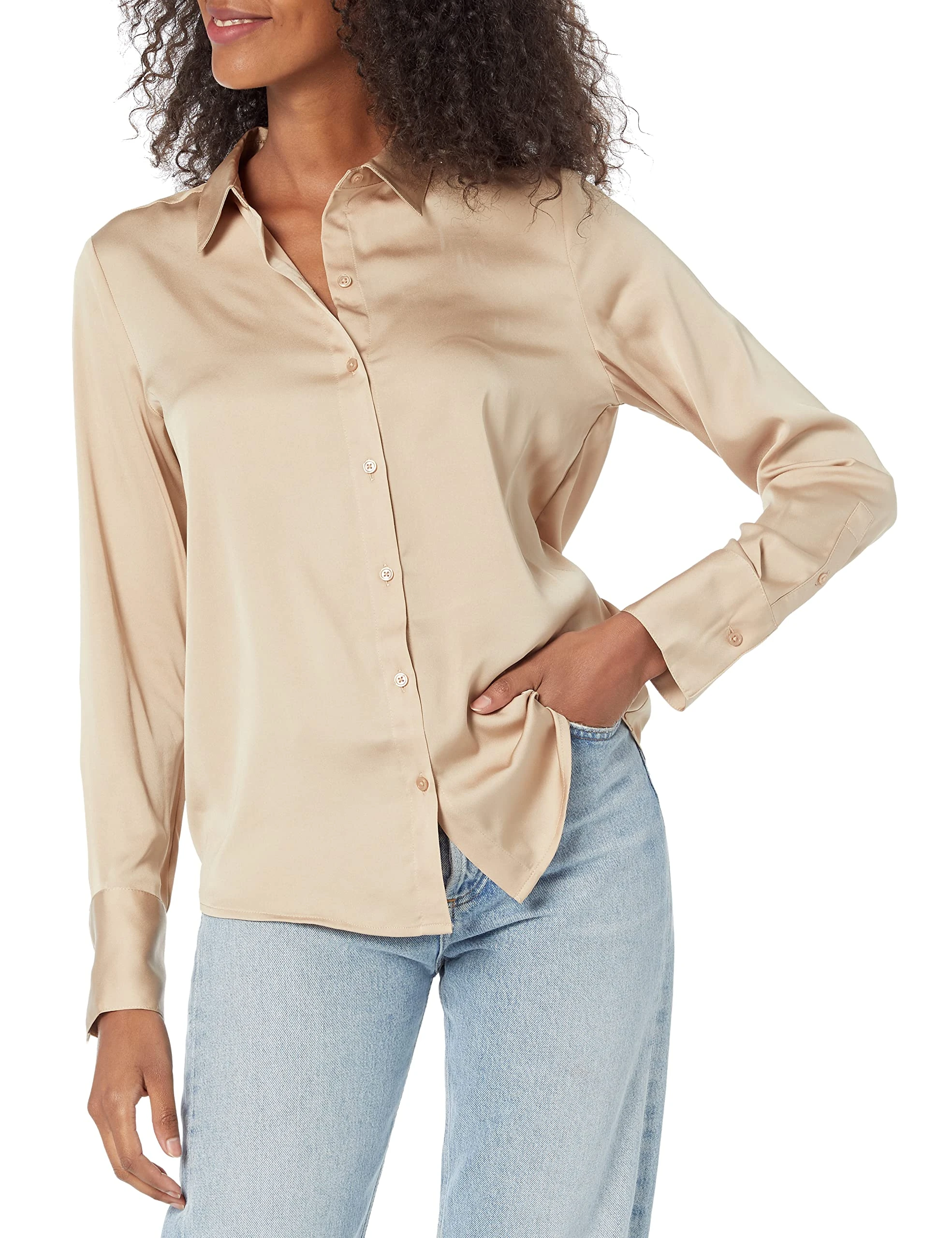 Amazon Essentials Women's Regular-Fit Satin Button Down Blouse (Available in Plus Size), Tan, XL