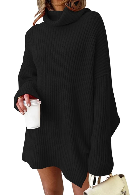 LILLUSORY Women's Autumn Turtleneck Long Batwing Sleeve Pullover Cosy Oversize Tunic Pullover Long Knitted Tops, Black, XXL