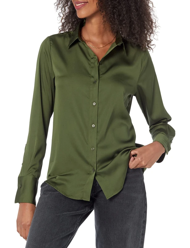 Amazon Essentials Women's Classic-Fit Satin Button Down Blouse (Available in Plus Size), Dark Olive, X-Small