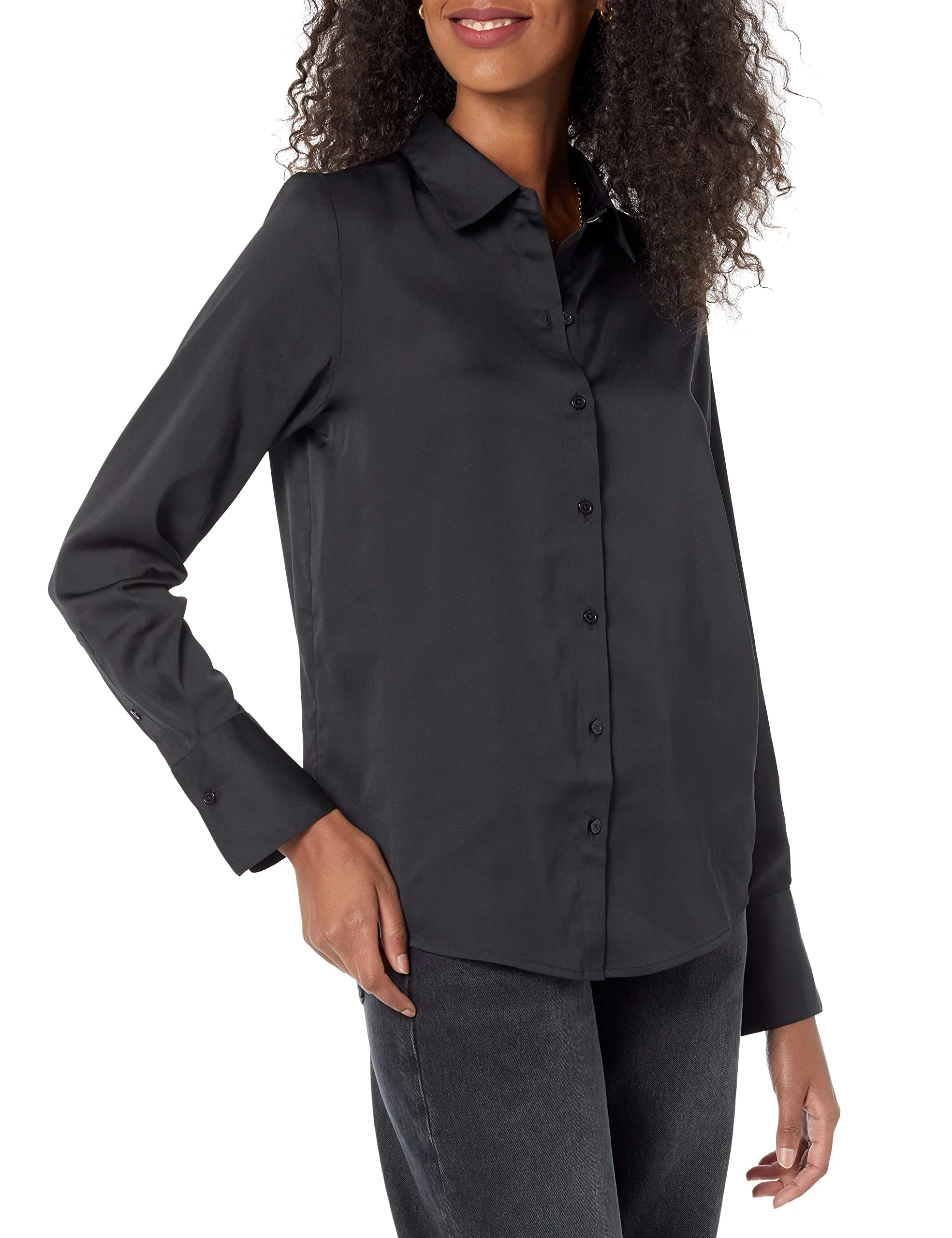 Amazon Essentials Women's Classic-Fit Satin Button Down Blouse (Available in Plus Size), Black, X-Small