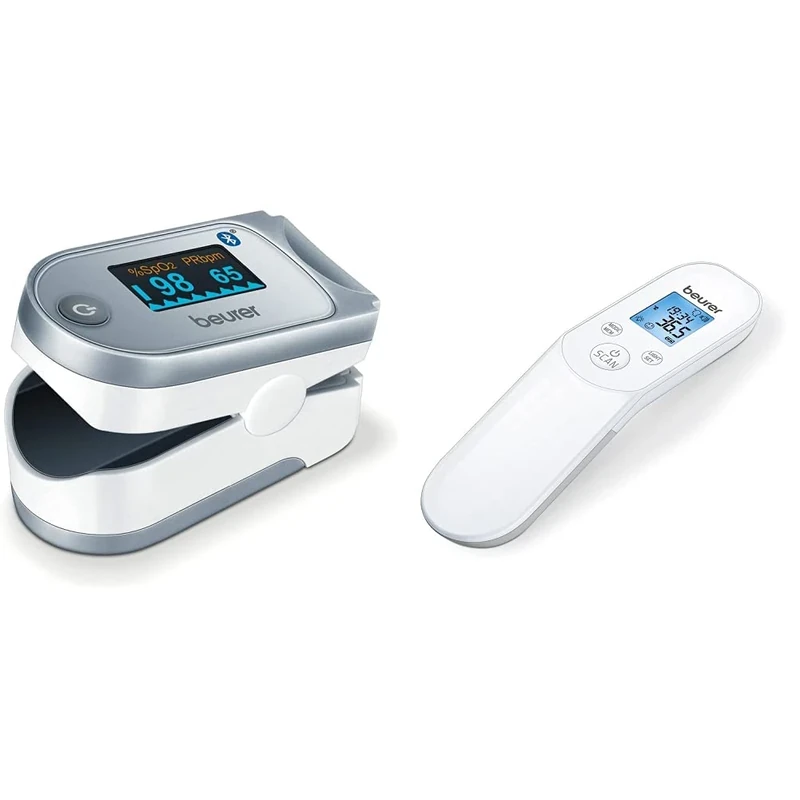Beurer FT85 Non-Contact Clinical Thermometer | Digital infrared thermometer & PO60 Pulse Oximeter with Bluetooth | Measures Heart Rate and arterial Oxygen Saturation for Those with Medical Conditions