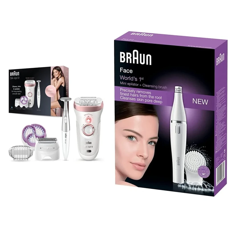 Braun Silk-épil 9 Epilator for Long-Lasting Hair Removal with Electric Shaver & Trimmer, Rose Gold & FaceSpa Face Epilator, Hair Removal with Facial Cleansing Brush Head, SE810, White