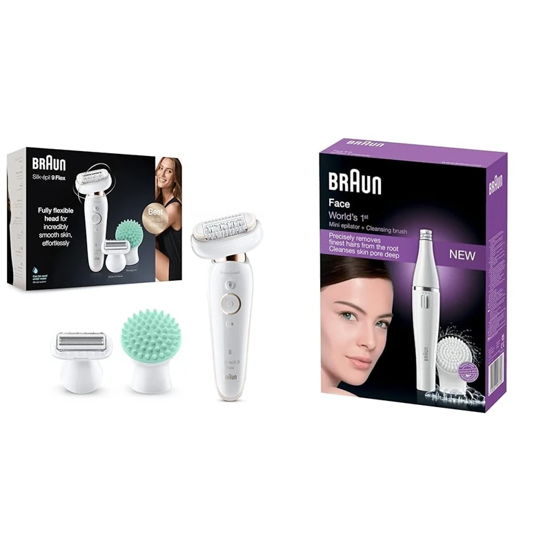 Braun Silk-épil 9 Flex Epilator, Flexible Head for Easier Hair Removal, White/Gold & FaceSpa Face Epilator, Hair Removal with Facial Cleansing Brush Head, 100% Waterproof, SE810, White