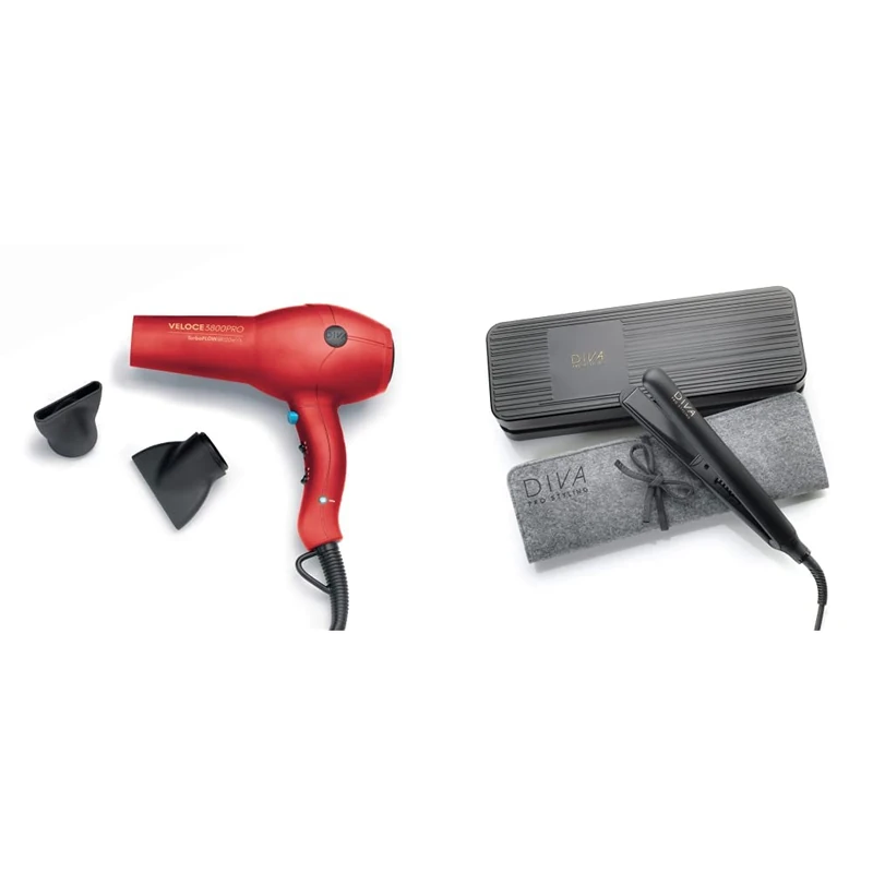 Diva Pro Styling Veloce 3800 Pro Dryer, Red - 2200W Professional Hairdryer with Ionic Conditioning, EDT108 & Digital Straightener and Styler Onyx