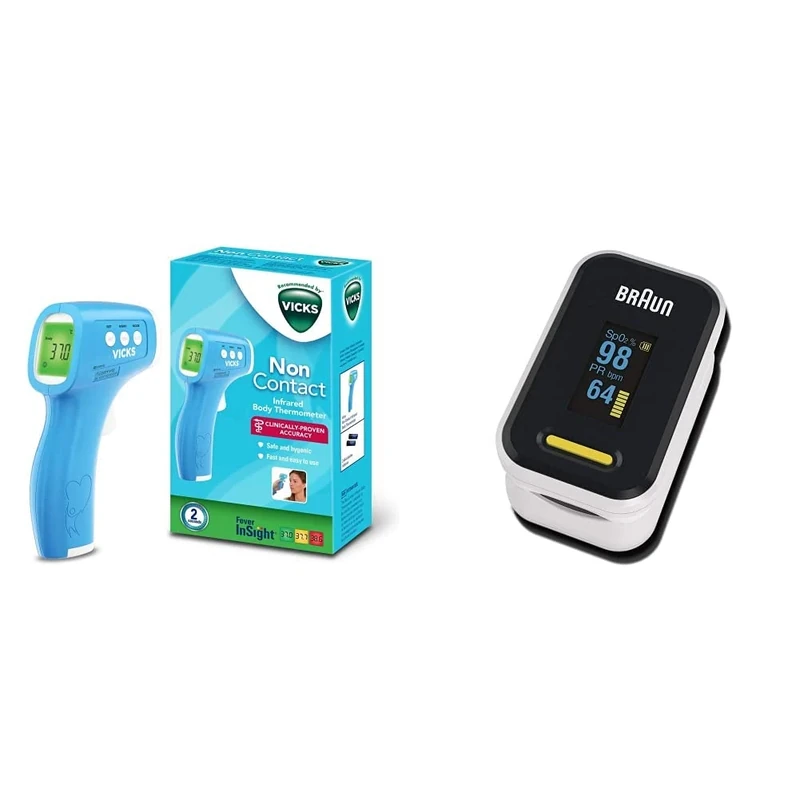 Vicks Non Contact Infrared Body Thermometer HTD8813EE, 450 g & Braun Pulse Oximeter 1 (Oxygen Saturation, Blood Oxygen Levels, Clinically Accurate, Certified Medical Device) YK-81CEU