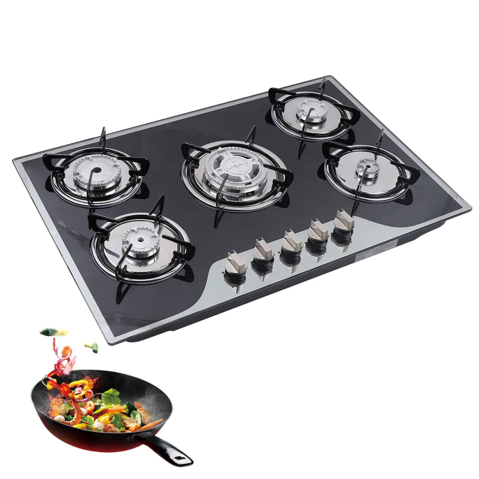 Built-in Gas Cooktop, 5 Burners Hob Cooker, Stainless Steel, Tempered Glass Gas Stove, Automatic Pulse Ignition 770 x 510 (30.3 "x 20")