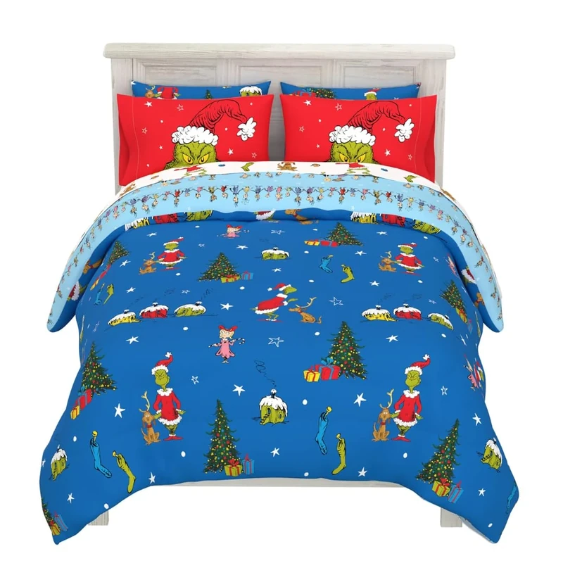 Franco The Grinch by Dr. Seuss Holiday Bedding Super Soft Comforter and Sheet Set with Sham, 7 Piece Queen Size by