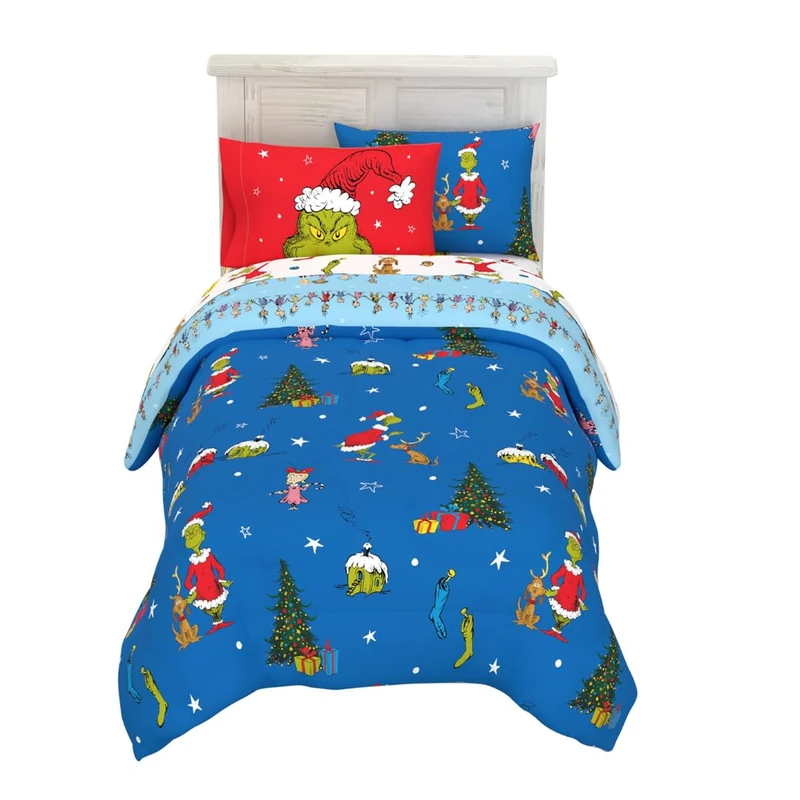 Franco Comforter and Sheet Set with Sham, Microfiber, Grinch, 5 Piece Twin Size