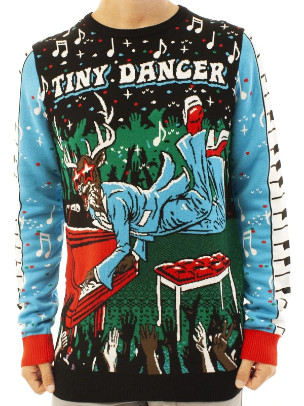 Ugly Christmas Party Knitted Ugly Christmas Sweater for Men and Women - Reindeer & Animals, Tiny Dancer Blue, Large