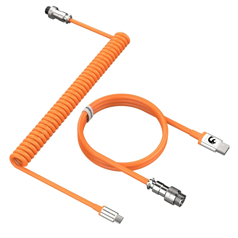 MAMBASNAKE C01 Coiled Keyboard Cable, Pro Custom USB-C Aviator Cable, Type-C to USB-A HyperSpeed Line with 8KHz Return Rate with Metal Aviation Connector for PC Gaming Keyboard-Orange