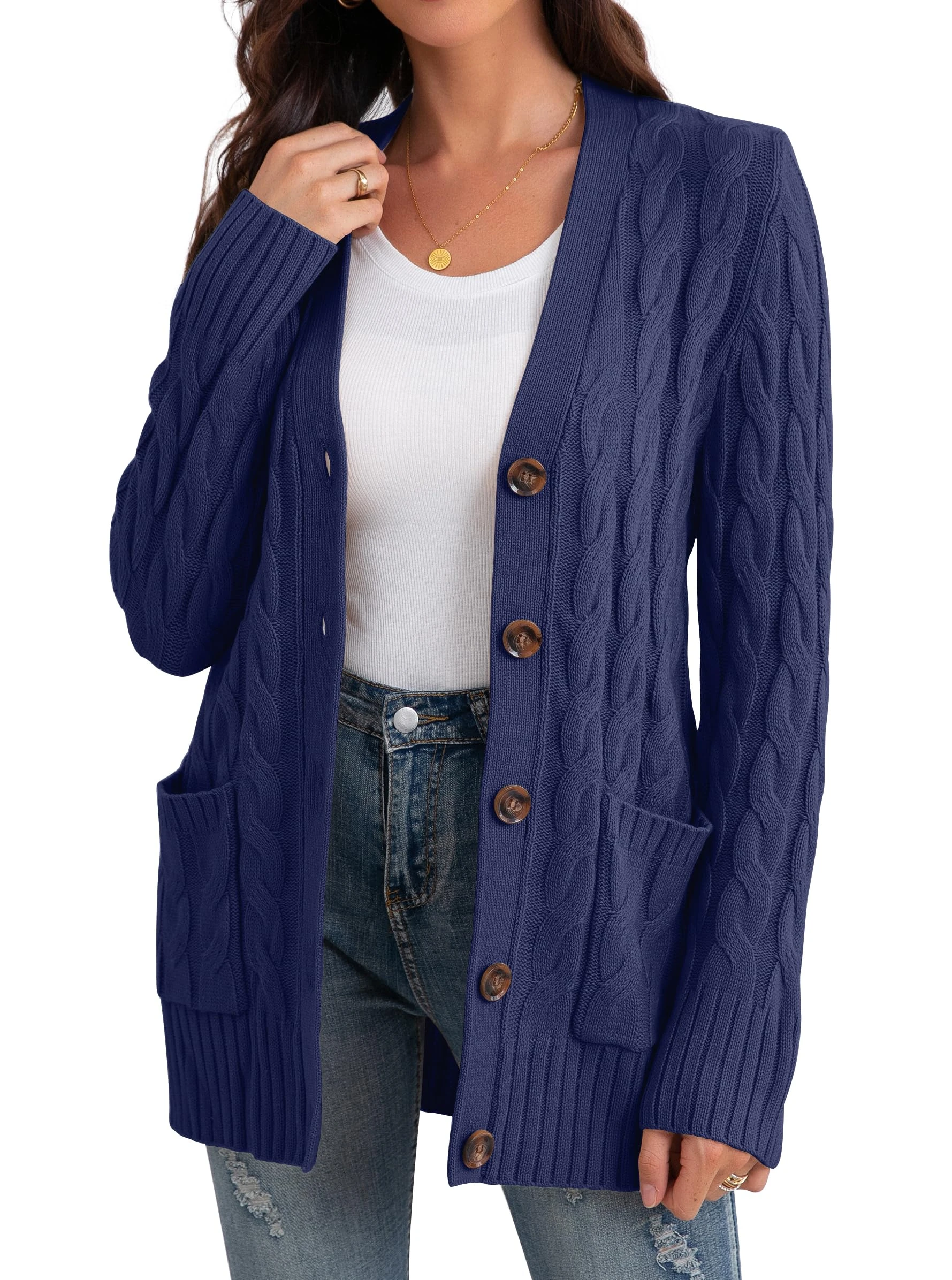 GRECERELLE Women's Knit Long Cardigans Jumpers Cardigan with Pockets with Buttons Ladies Loose Long Sleeve Knitwear Oversized Sweater Cardigan for Autumn Winter Spring (Navy Blue, L)