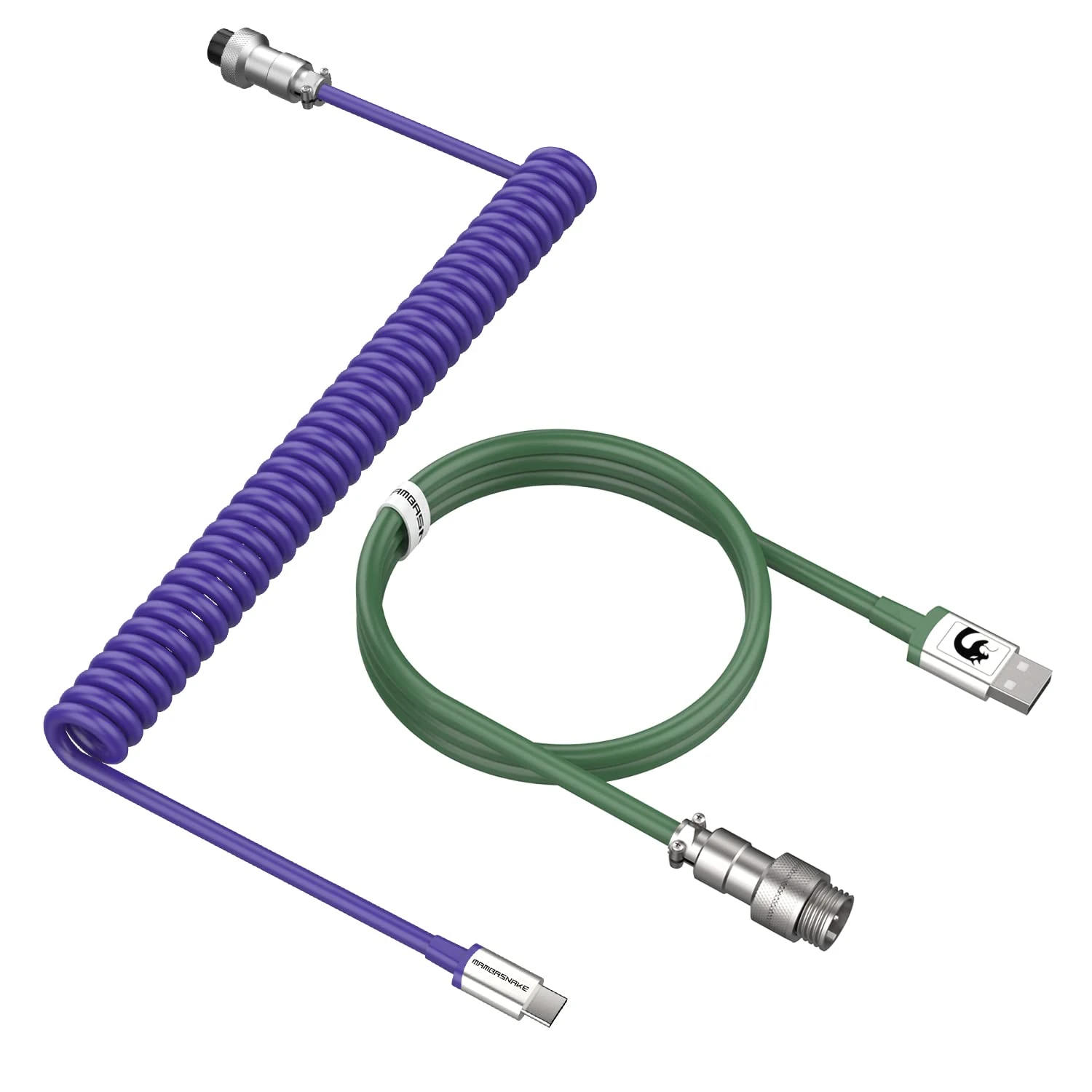 MAMBASNAKE C01 Coiled Keyboard Cable, Pro Custom USB-C Aviator Cable for Keyboard, Type-C to USB-A HyperSpeed Line with 8KHz Return Rate with Metal Aviation Connector for Gaming Keyboard-Purple/Green