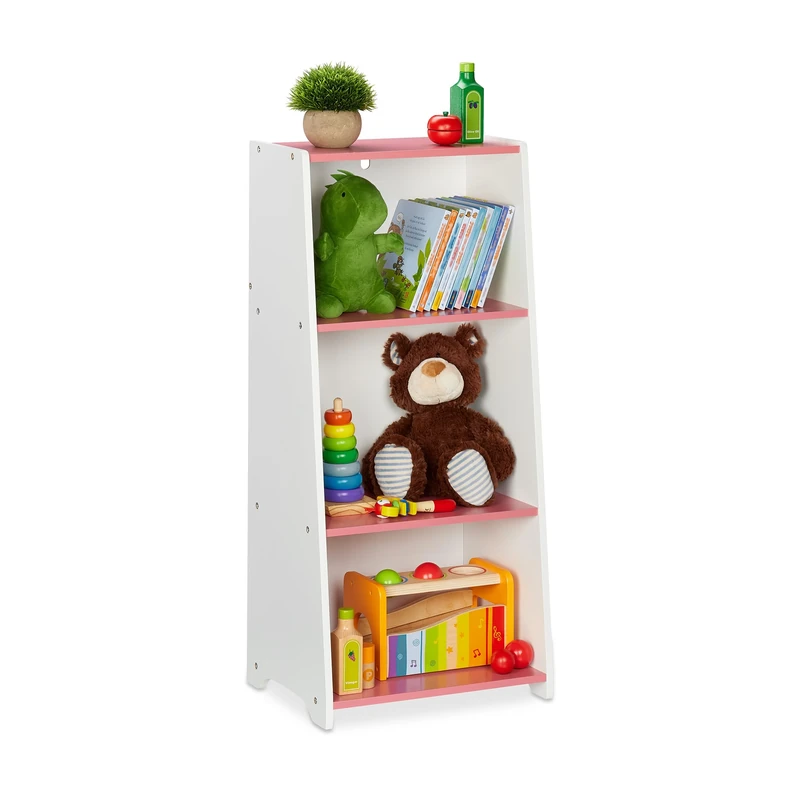 Relaxdays Children's Shelf, 3 Compartments, HWD: 88 x 40 x 30 cm, Storage Unit Kids' Room, Toys & Games, MDF, White/Pink, Fibreboard