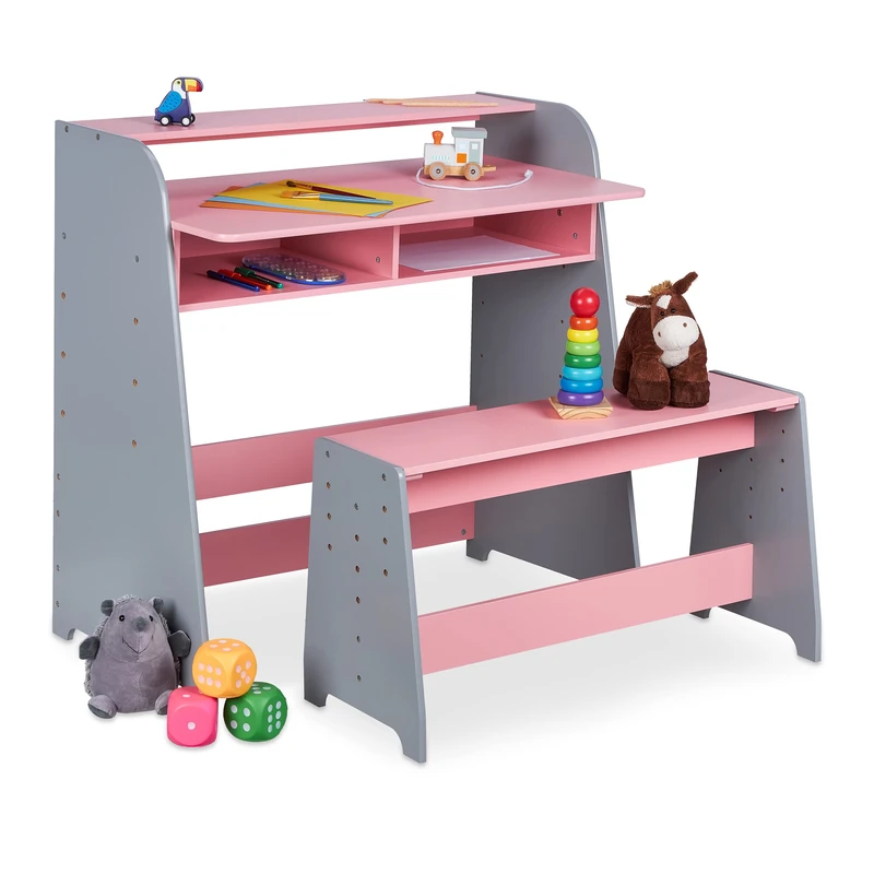 Relaxdays Children's Furniture Set, Bench & Height Adjustable Desk, 2 Compartments, HxWxD: 88 x 90 x 48 cm, Pink/Grey, Fibreboard