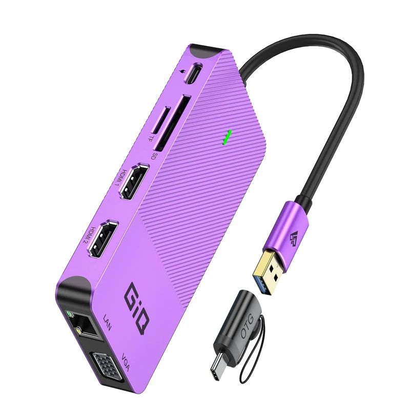 USB Docking Station Giq USB-C Hub USB 3.0 to Dual HDMI VGA Adapter Triple Display USB-C Laptop Docking Station Dual Monitors Compatible for MacBook M1 USB Dock - Purple - Image 1