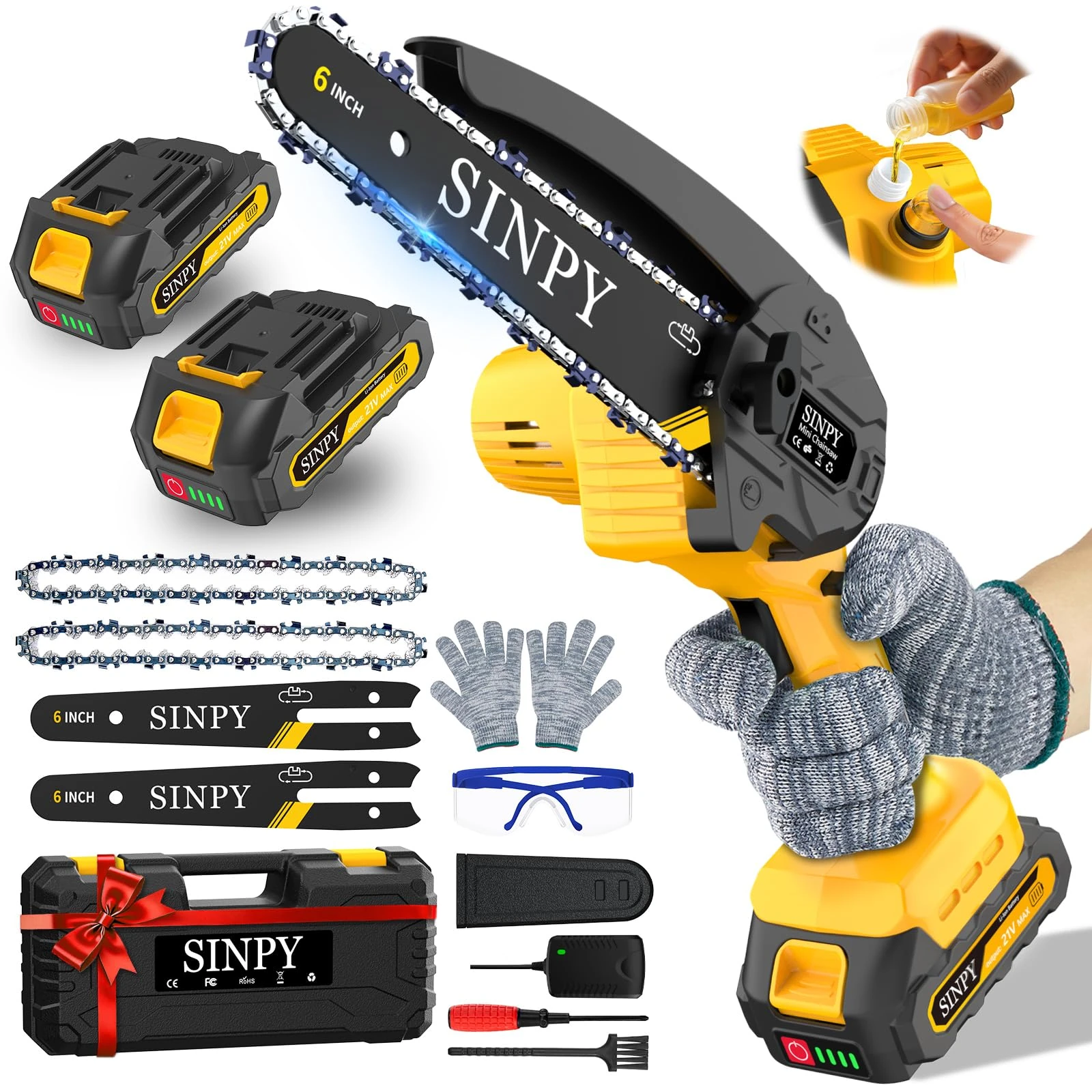 SINPY Mini Chainsaw Cordless, 6 Inch Electric Power Chain Saw with 2 Batteries & 2 Chains, Small Chainsaw with Safety Lock for Tree Trimming, Garden, Wood Cutting Gift for Men Dad Husband Fathers 2025