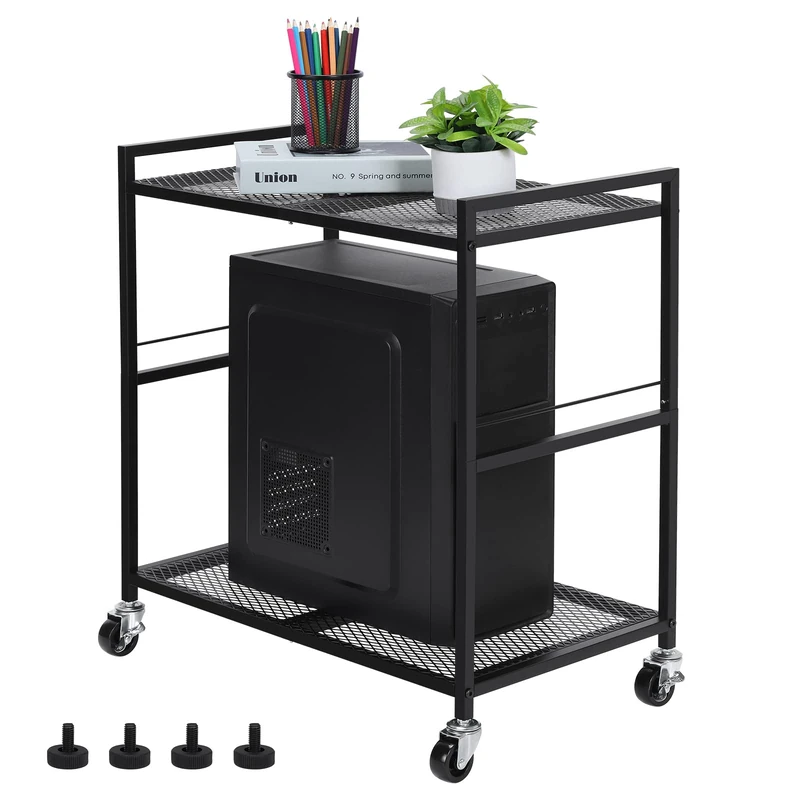 YBING Computer Tower Stand, PC Tower Stand Metal Mobile CPU Holder Stand Cart with Caster Wheels 2 Tier Rolling Printer Cart Under Desk for Fax Home Office Black