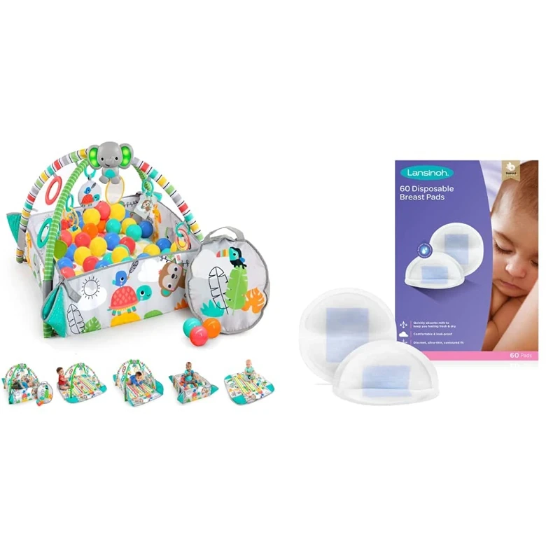 Bright Starts, 5-in-1 Your Way Ball Play Activity Gym and Ball Pit with 40 Balls - Totally Tropical, Ages Newborn + & Lansinoh Disposable Breast Pads Pack of 60