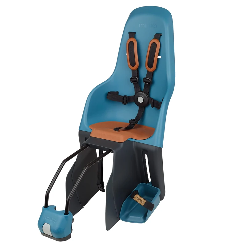 MINIA for Frame 8405600004 - Rear bicycle child seat assembled on the frame, recommended age of 9 months to 6 years and maximum weight of 22kg in blue.