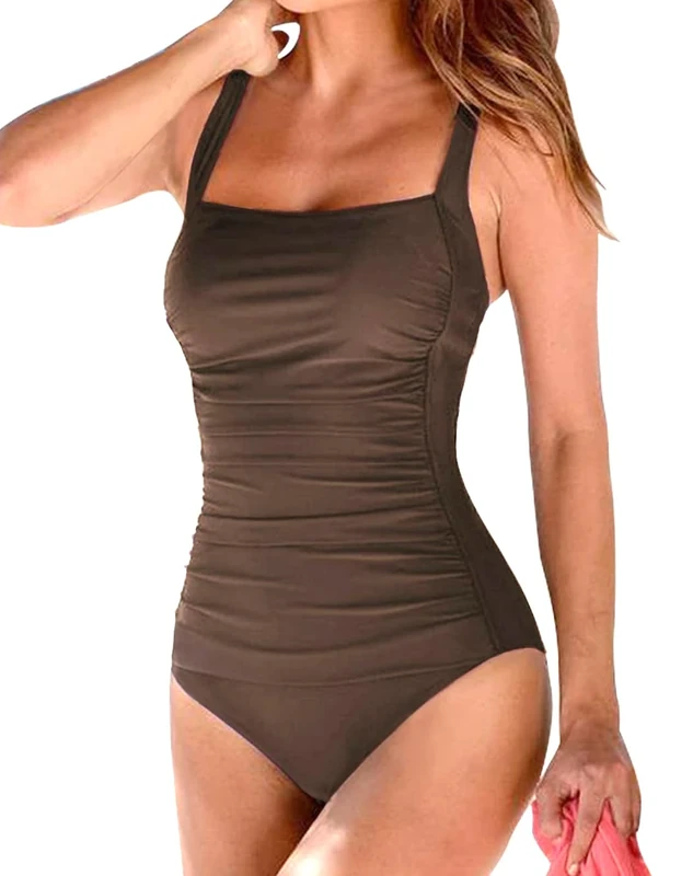 Husmeu Swimming Costume Women's Vintage One Piece Swimsuits Padded Push up Tummy Control Bathing Suits Swimwear Style no.1 Coffee L