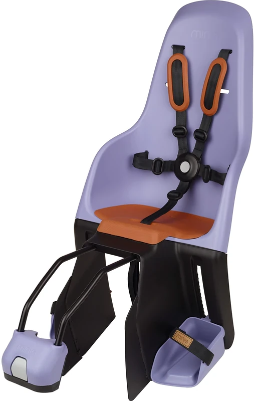 MINIA for Frame 8405600002 - Rear bicycle child seat assembled on the frame, recommended age of 9 months to 6 years and maximum weight of 22kg in purple.