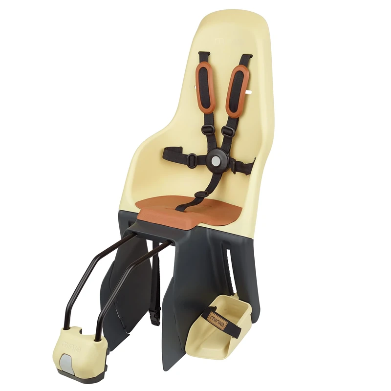 MINIA for Frame 8405600003 - Rear bicycle child seat assembled on the frame, recommended age of 9 months to 6 years and maximum weight of 22kg in yellow.