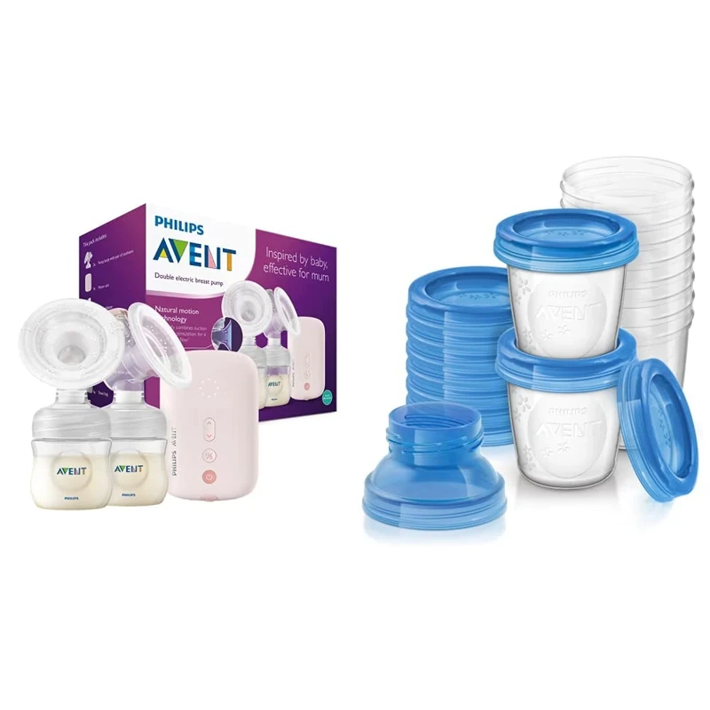 Philips Avent Electric Breast Pump (Model SCF397/11) & Avent SCF618/10 Reusable Breast Milk Storage Cups - Pack of 10
