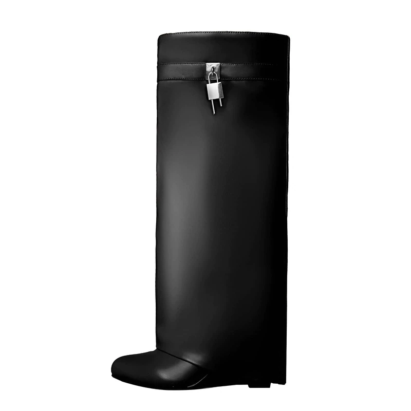 Kluolandi Women's Fold Over Knee High Boots with Metal Padlock Covered Wedge Heel Wide Calf Pull On Boots, Black, 7 UK