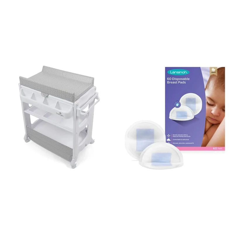 Babylo Smart Changer with Bath Unit with Clever and Convenient Storage, Grey Marle, BL11966 & Lansinoh Disposable Breast Pads Pack of 60 for Nursing Breastfeeding Mothers