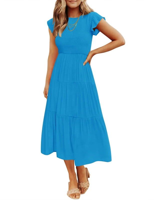 ZESICA Women's 2024 Summer Casual Flutter Short Sleeve Crew Neck Smocked Elastic Waist Tiered Midi Dress, Cobalt Blue, S