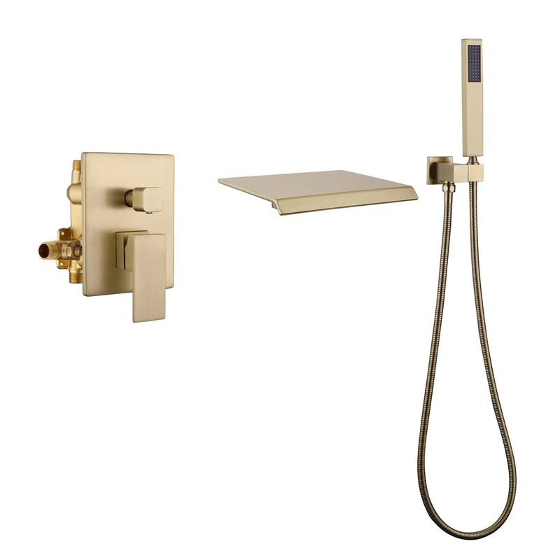 TapLong Waterfall Bathtub Faucet Set with Sprayer, Single Handle Tub Filler with Hand Shower, 3 Holes Contemporary Wall Mount Roman Tub Faucet with Rough-in Valve and Trim Kit, Brushed Gold, 91266BG