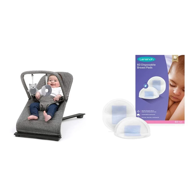 BABYLO Gravity Baby Bouncer - Grey & Lansinoh Disposable Breast Pads Pack of 60 for Nursing Breastfeeding Mothers, Essential for Hospital Bag, Thin Super Absorbent Layers, Discreet fit