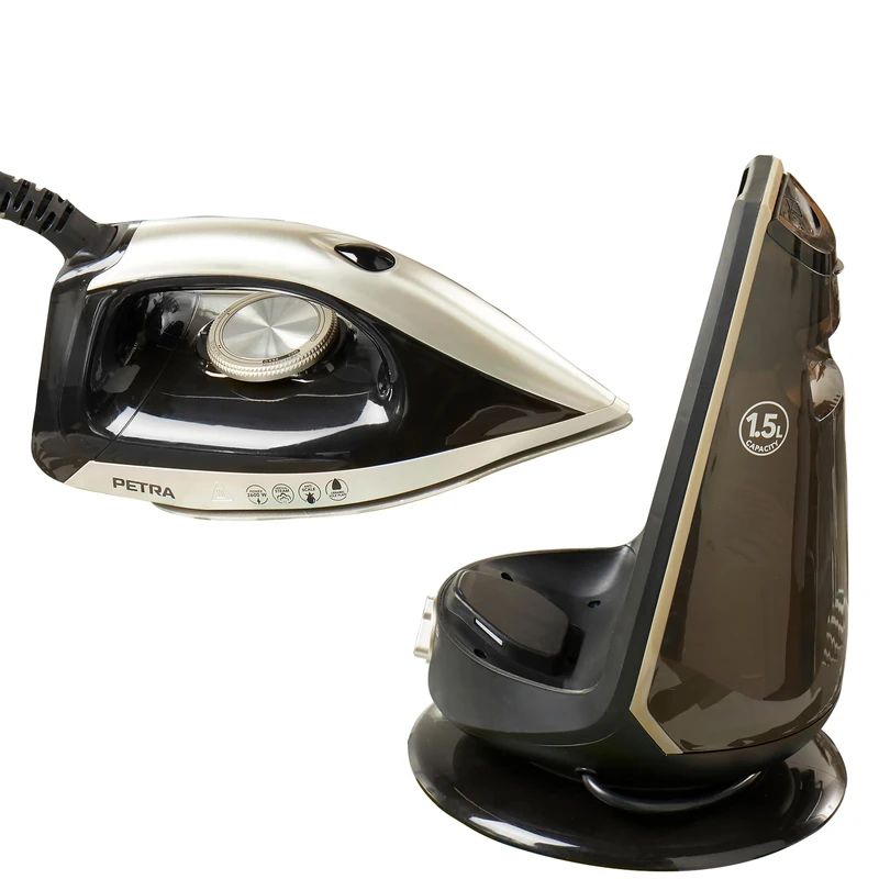 Petra PF01483VDEEU7 Anti-limescale Iron Steam Station - 2600 W, XL 1.5 L Water Container, 30 Minutes Continuous Steam, Ceramic Soleplate, Large Steam Iron with Compact Base and Locking System