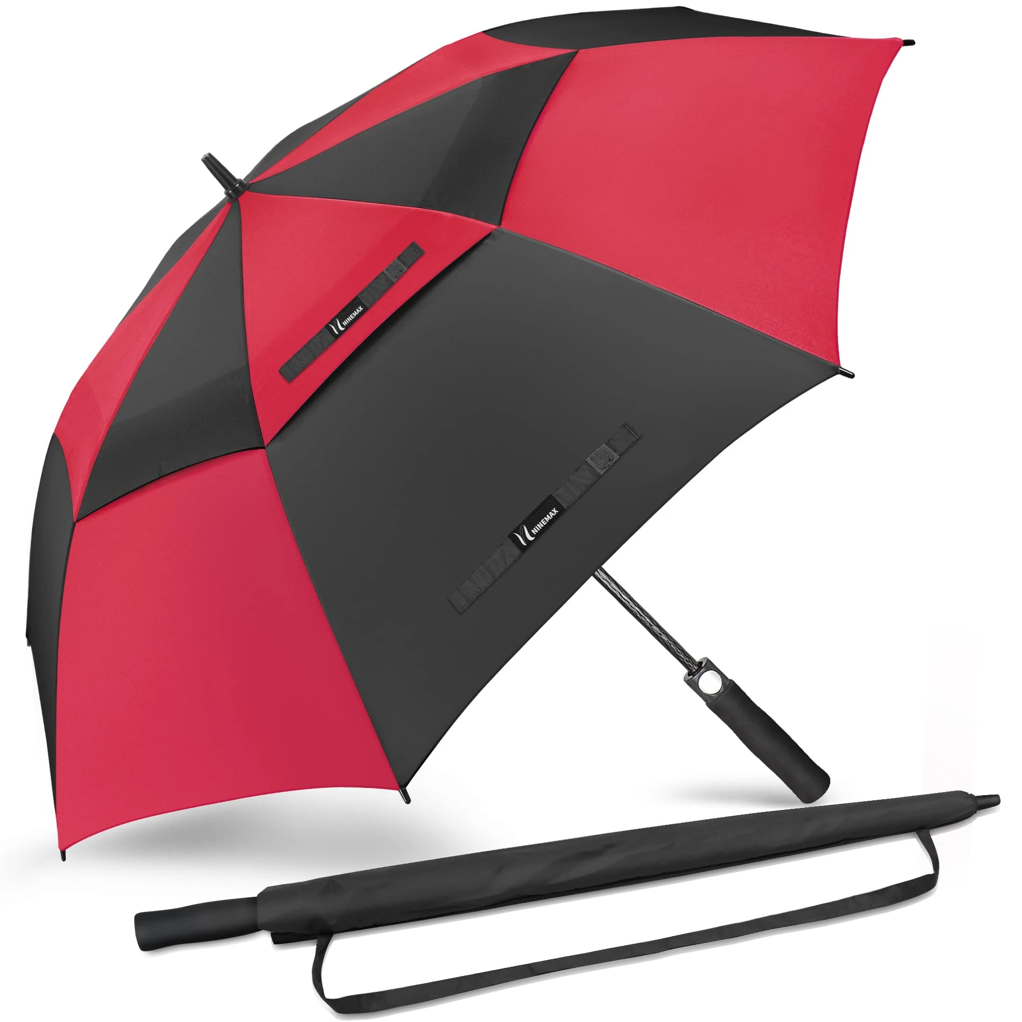 NINEMAX Golf Umbrella Windproof and Rainproof 54inch, Large Umbrella Double Canopy, Golfing Brolly Heavy Duty Unbreakable for Men Women(Black/Red 2)
