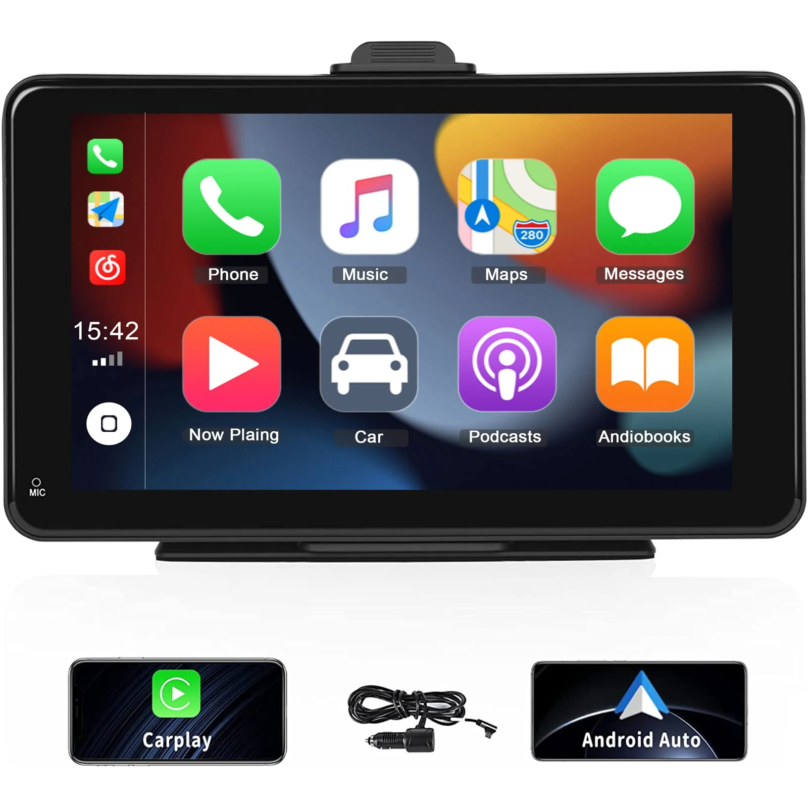 Camecho 7 Inch Screen Apple Carplay Android Auto Smart Player with Aux AV IN TF Card Type C connector Support DVR, Bluetooth, FM Transmitter, GPS