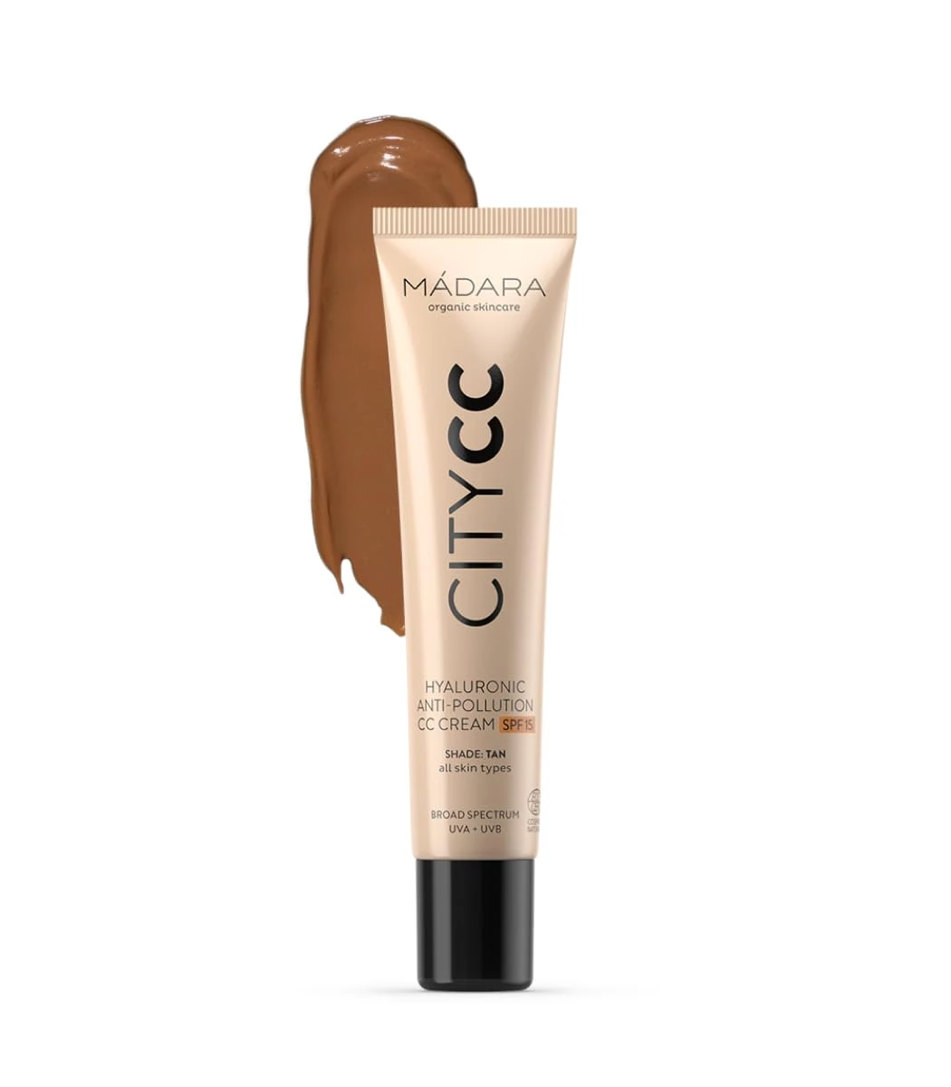 MÁDARA CC Cream Colour Corrector - Anti-Pollution CC Cream Foundation SPF15 TAN - 40ml, With hyaluronic acid & mineral UVA/UVB sunscreen, Lightweight natural colour, COSMOS Natural certified