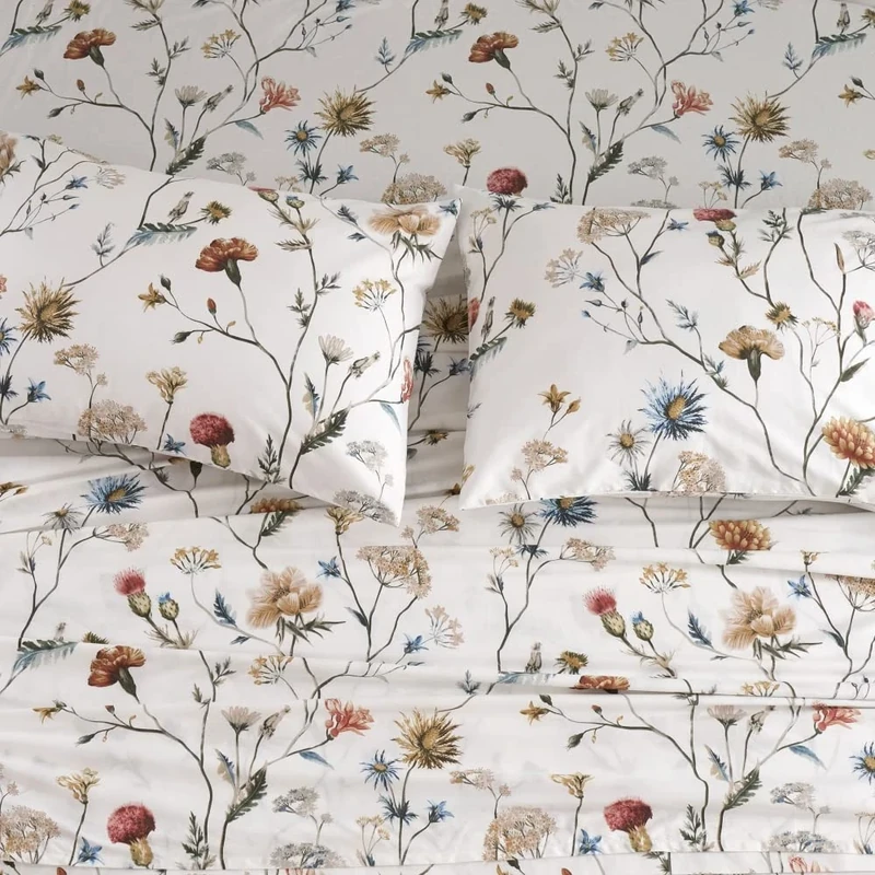 DAUAOTO 100% Cotton Bedding Printed Sheets Set for Queen Size Bed Up to 14" Deep Mattress, Floral Botanical Pattern Bedlinen Sets