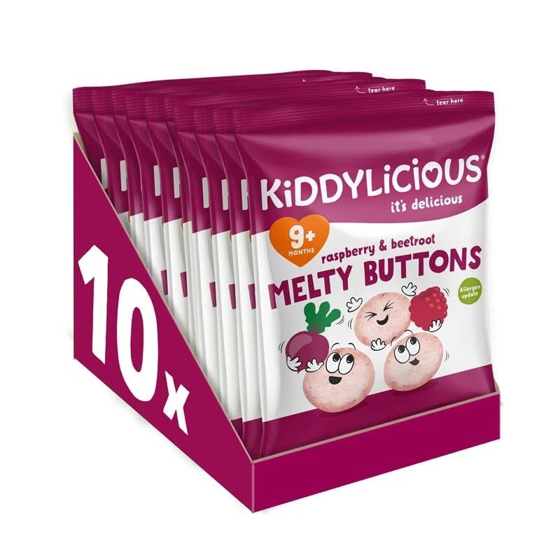 Kiddylicious Raspberry & Beetroot Melty Buttons - Delicious Snacks for Kids - Suitable for 9+ Months - 10 packs