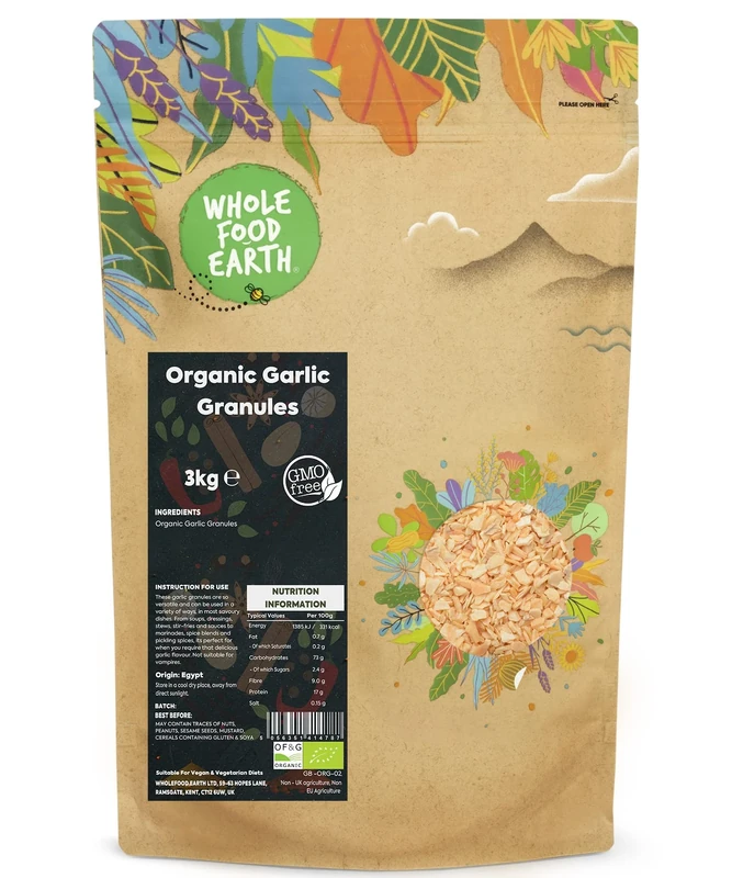 Wholefood Earth Organic Garlic Granules 3 kg – GMO Free, Certified Organic Spice for Cooking, Long-Lasting, Easy-to-Use Dried Garlic Cloves, Vegan Seasoning