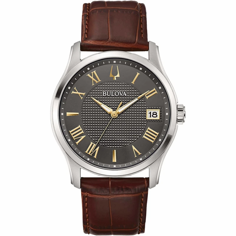 Bulova Men's Analogue Quartz Watch with Leather Strap 96B389, Silver-Brown-Grey, Strap.