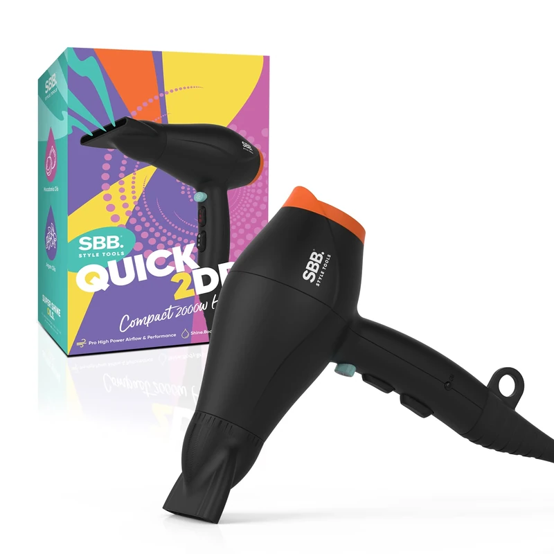 SBB Quick 2Dry Hair Dryer 2000w - Compact, Lightweight & Fast Drying, 4 Heat & 2 Speed Settings with Hair Oils Macadamia & Argan Oil for Frizz Ease