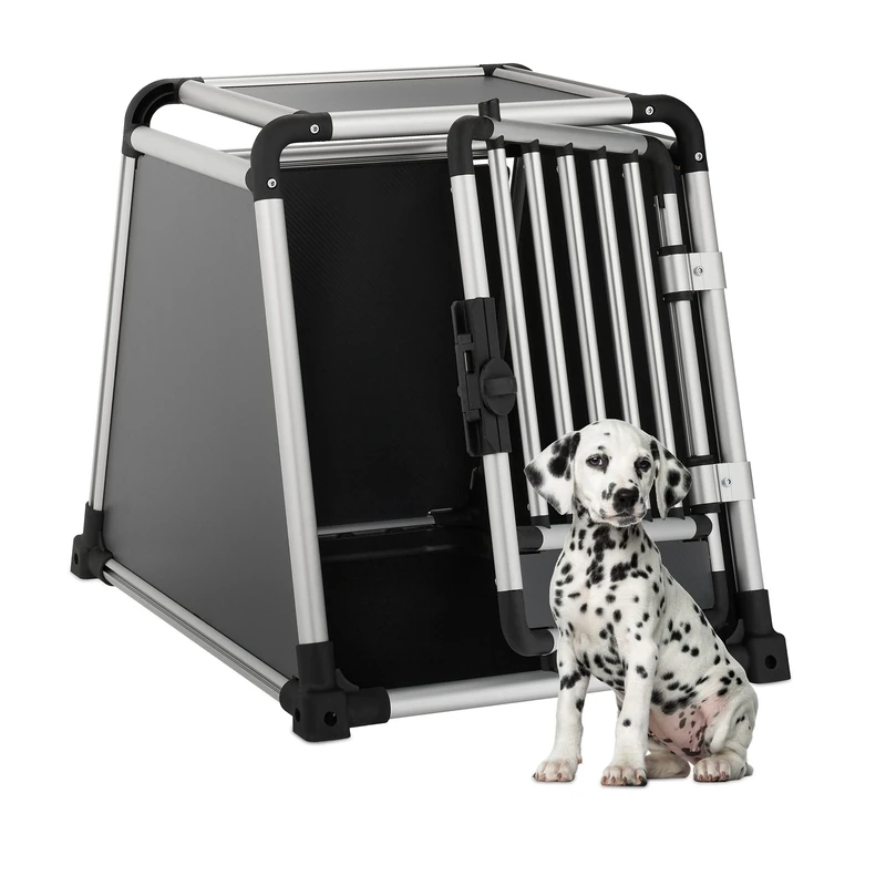 Relaxdays Dog Car, Puppy Transport Box Boot, Slanted, Floor Mat, HxWxD 60x55x76,5 CM, Aluminium, Anthracite/Silver