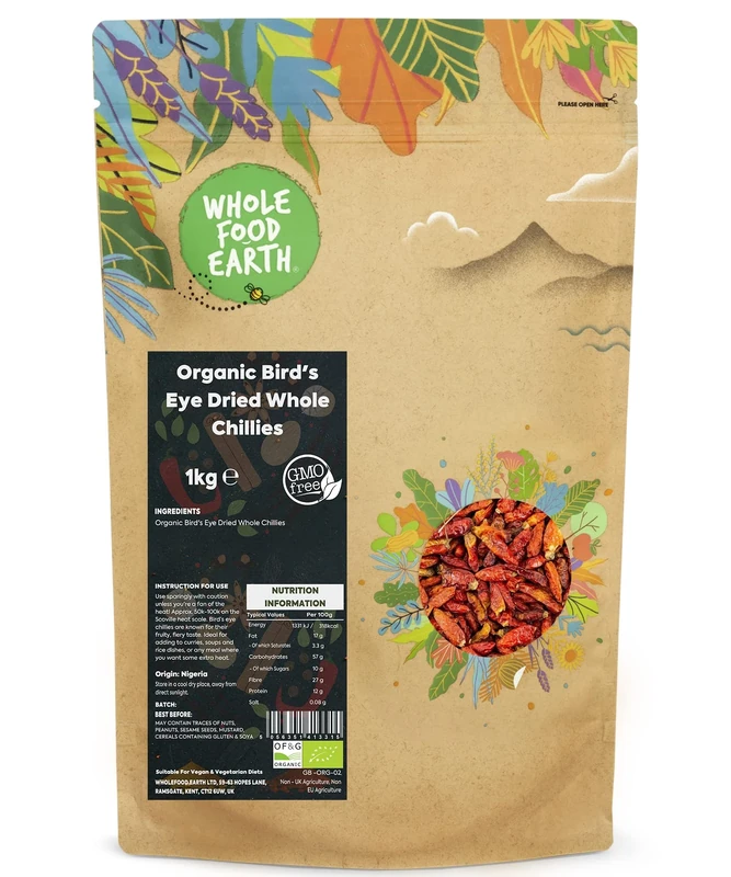 Wholefood Earth Organic Bird's Eye Dried Whole Chillies 1 kg | GMO Free