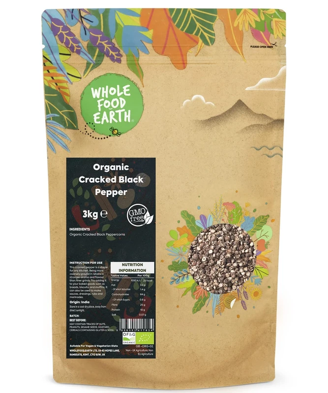Whole Food Earth® - Organic Cracked Black Pepper 3 kg | GMO Free | Certified Organic